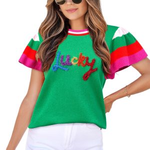 Women's Bright Green Flutter Sleeve Sweater – Casual Round Neck Knit for Summer Days - Main View