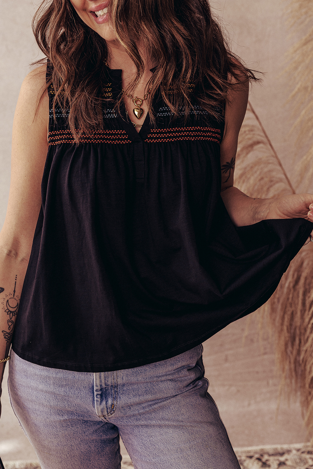 Women's Tank Top, Black, Colorful Detail, Shirred Yoke, Notched V Neck, Sleeveless, Casual Style, Summer Wear, Flowy Fit, Feminine Charm, Daily Wear, Tops, Best Sellers - Detail View 4 Women's Tank Top, Black, Colorful Detail, Shirred Yoke, Notched V Neck, Sleeveless, Casual Style, Summer Wear, Flowy Fit, Feminine Charm, Daily Wear, Tops, Best Sellers - Detail View 4