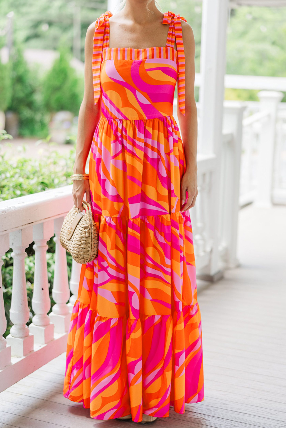 Women's Maxi Dress, Red Dress, Abstract Print, High Waist, Knotted Shoulder, Sleeveless, Elegant, Vacation Wear, Casual Style, Fit and Flare, Summer Fashion, Beach Dress, Bohemian Style, Unique Design - Detail View 4 Women's Maxi Dress, Red Dress, Abstract Print, High Waist, Knotted Shoulder, Sleeveless, Elegant, Vacation Wear, Casual Style, Fit and Flare, Summer Fashion, Beach Dress, Bohemian Style, Unique Design - Detail View 4
