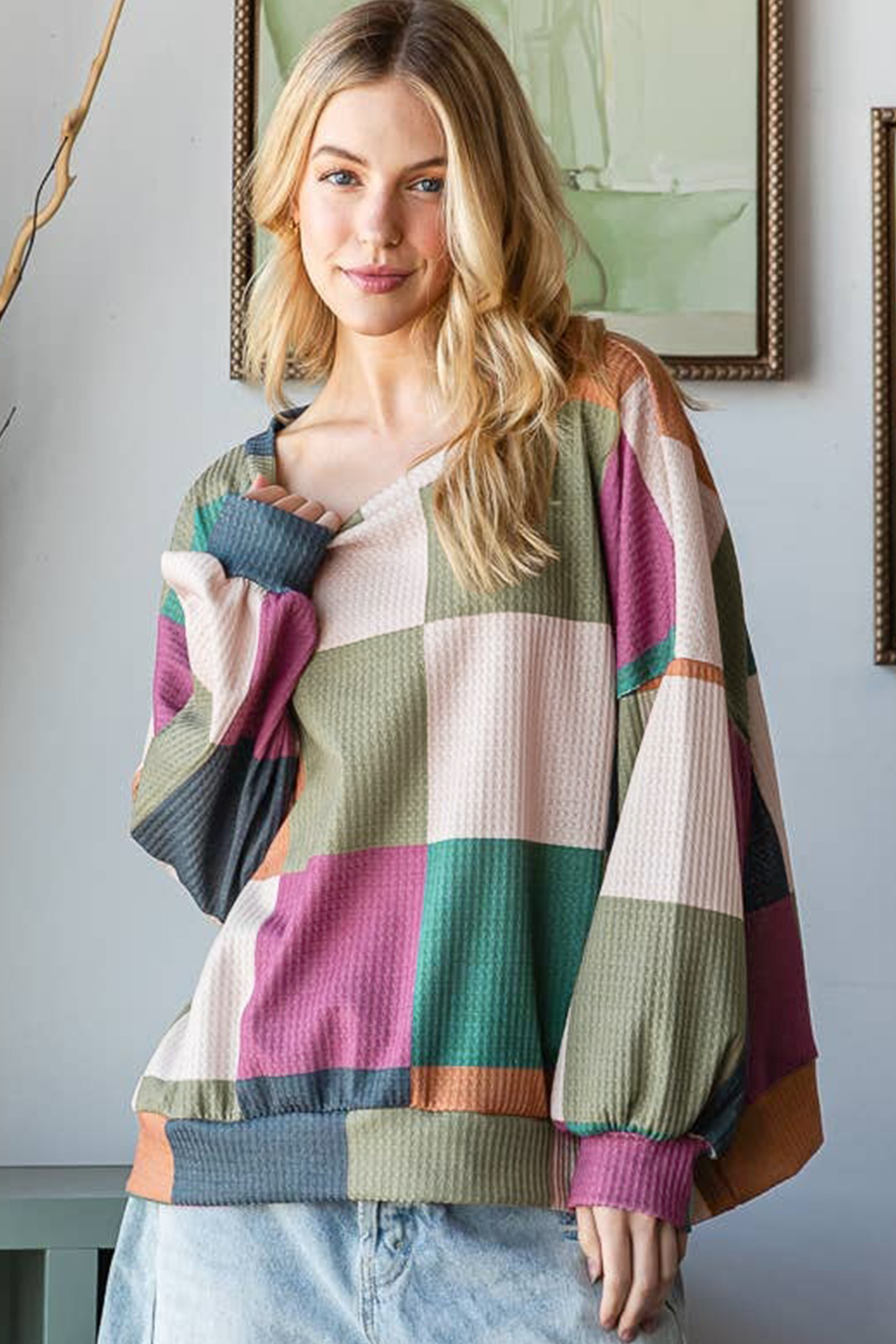 Casual Green Plaid Print Loose Top for Women – Fall Season Style - Detail View 5 Casual Green Plaid Print Loose Top for Women – Fall Season Style - Detail View 5