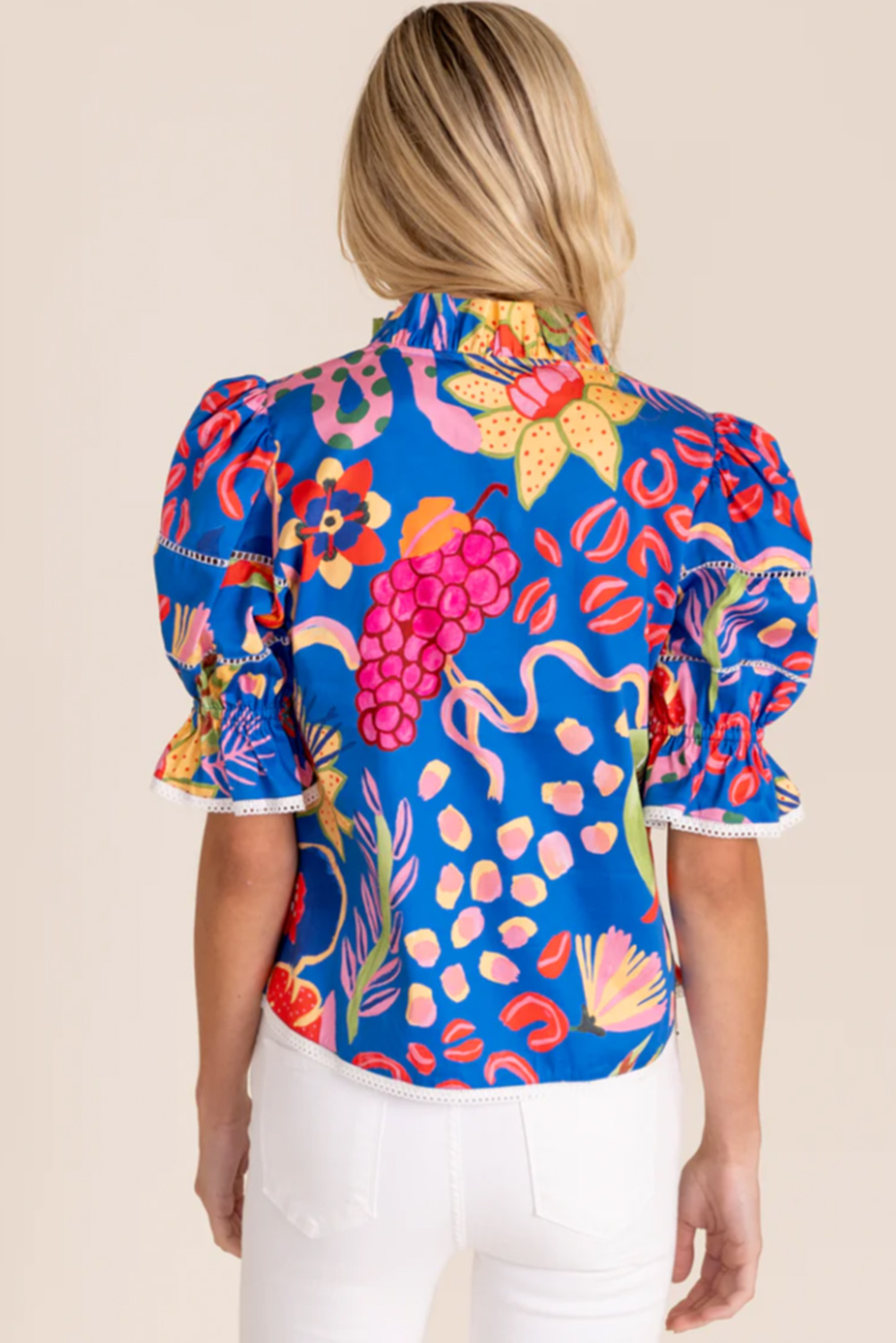 Chic Women's Blouse with Unique Abstract Design and Elegant Frilled Collar - Detail View 2 Chic Women's Blouse with Unique Abstract Design and Elegant Frilled Collar - Detail View 2