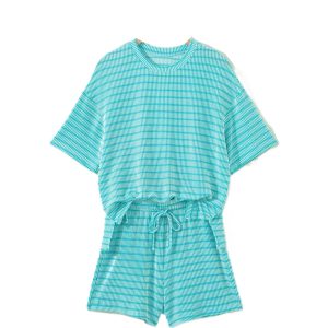 Women's Sky Blue Striped 2-Piece Short Set – Loose Ribbed Tee and Drawstring Shorts - Main View
