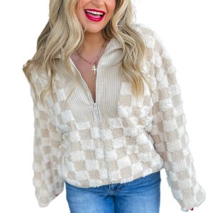 Khaki Checker Sherpa Corduroy Patchwork Zip-Up Collared Jacket for Women - Main View