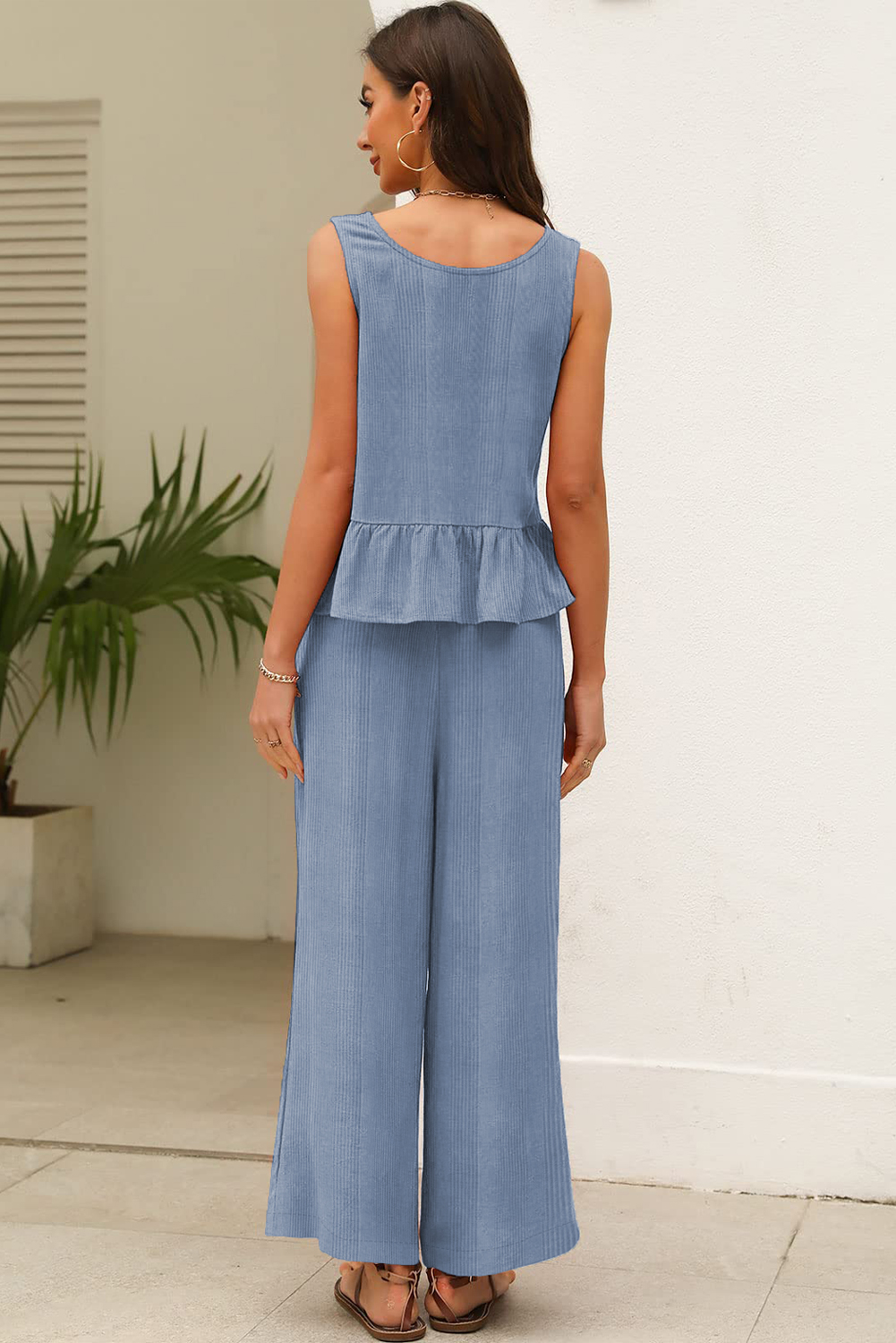 Stylish and Comfortable Two-Piece Set: Beau Blue Ruffled Hem Tank Top with Wide-Leg Pants - Detail View 2 Stylish and Comfortable Two-Piece Set: Beau Blue Ruffled Hem Tank Top with Wide-Leg Pants - Detail View 2
