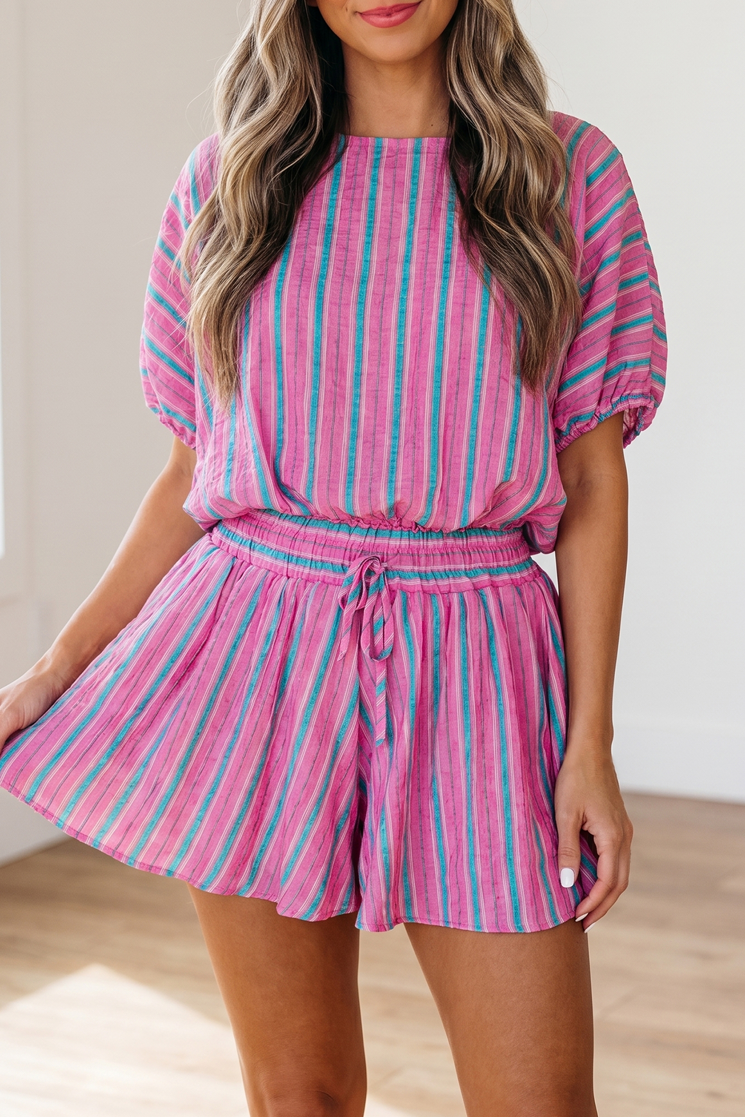 Casual Pink Stripe Summer Set for Adults – Viscose Blend Dolman Blouse & Elastic Waist Shorts, Everyday Style - Detail View 3 Casual Pink Stripe Summer Set for Adults – Viscose Blend Dolman Blouse & Elastic Waist Shorts, Everyday Style - Detail View 3