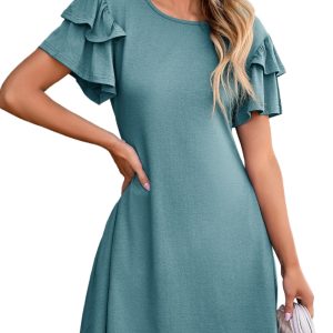 Women's Double Ruffle Short Sleeve Dress – Casual Round Neck High Waist Sheath Mini Dress with Pockets - Main View