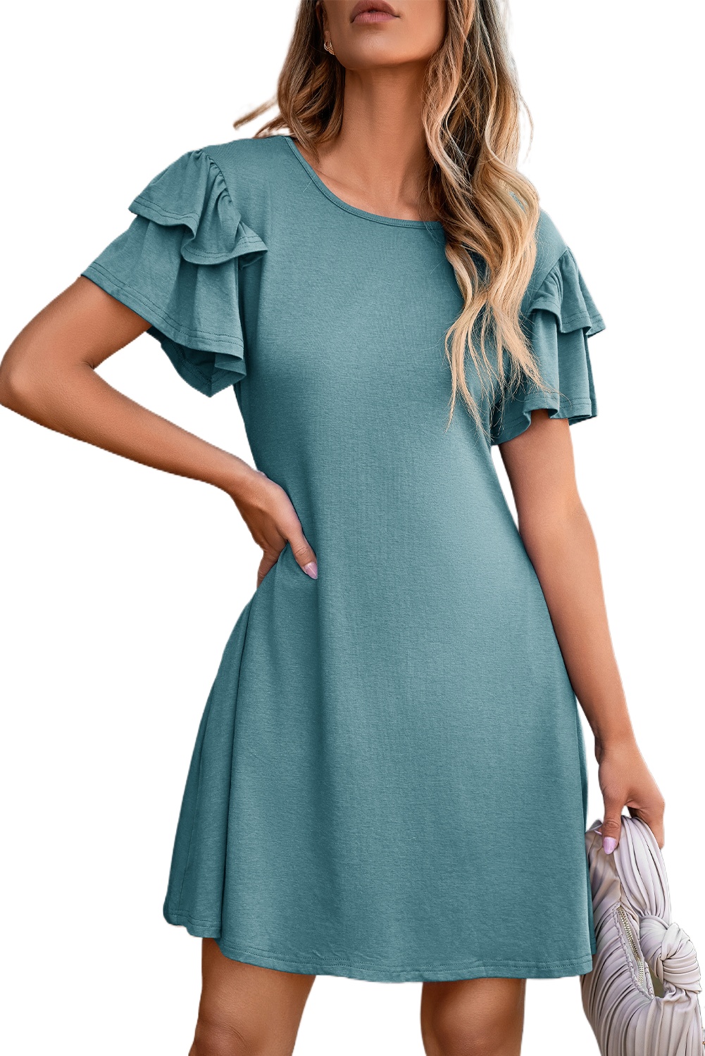 Women's Double Ruffle Short Sleeve Dress – Casual Round Neck High Waist Sheath Mini Dress with Pockets - Main View Women's Double Ruffle Short Sleeve Dress – Casual Round Neck High Waist Sheath Mini Dress with Pockets - Main View