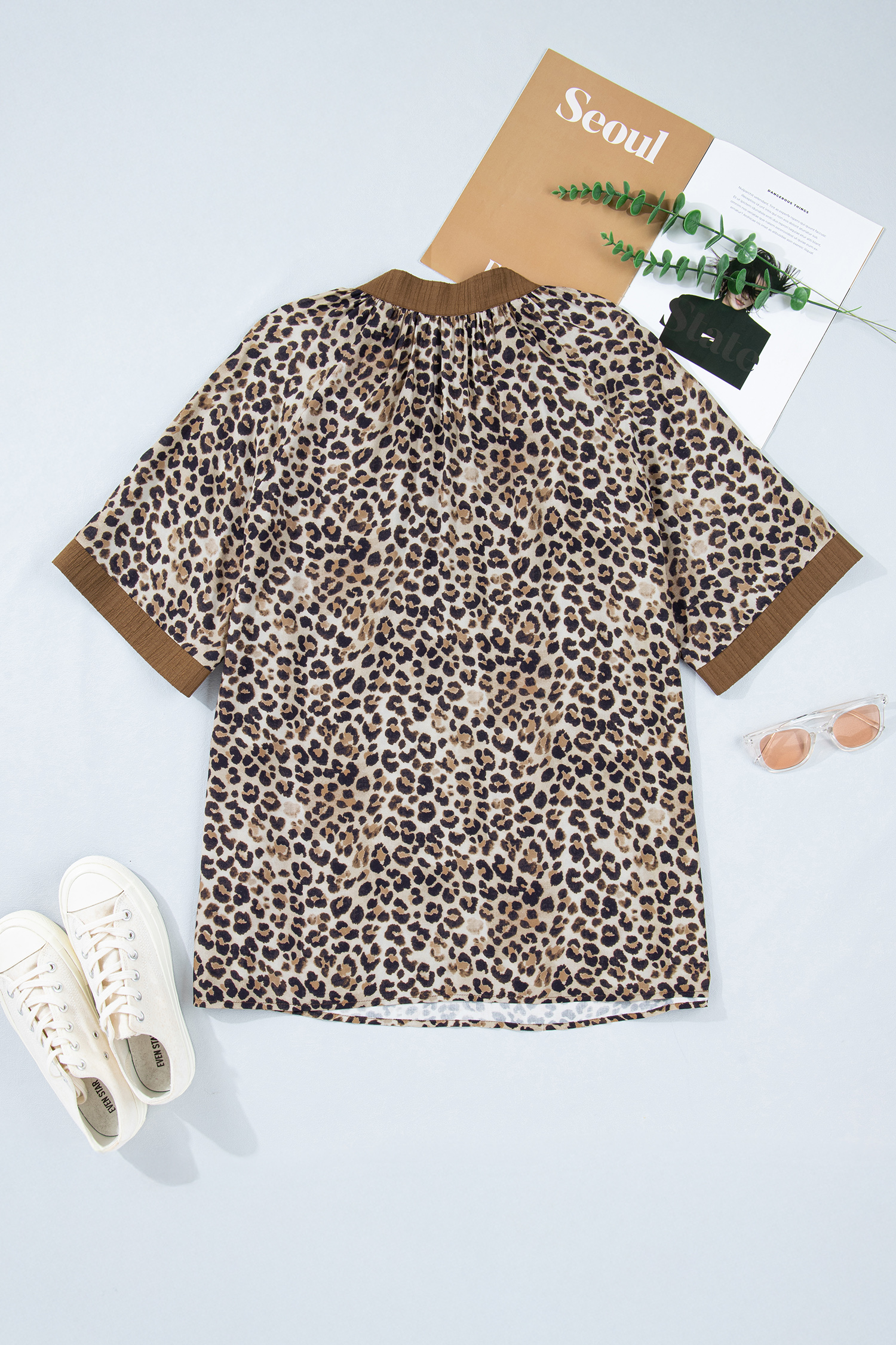 Chic Brown Colorblock Leopard Blouse – Short Sleeve V Neck Top Ideal for Summer Outings - Detail View 3 Chic Brown Colorblock Leopard Blouse – Short Sleeve V Neck Top Ideal for Summer Outings - Detail View 3