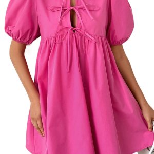 Bright Pink Puff Sleeve Tie Front High Waist Mini Dress for Women - Main View