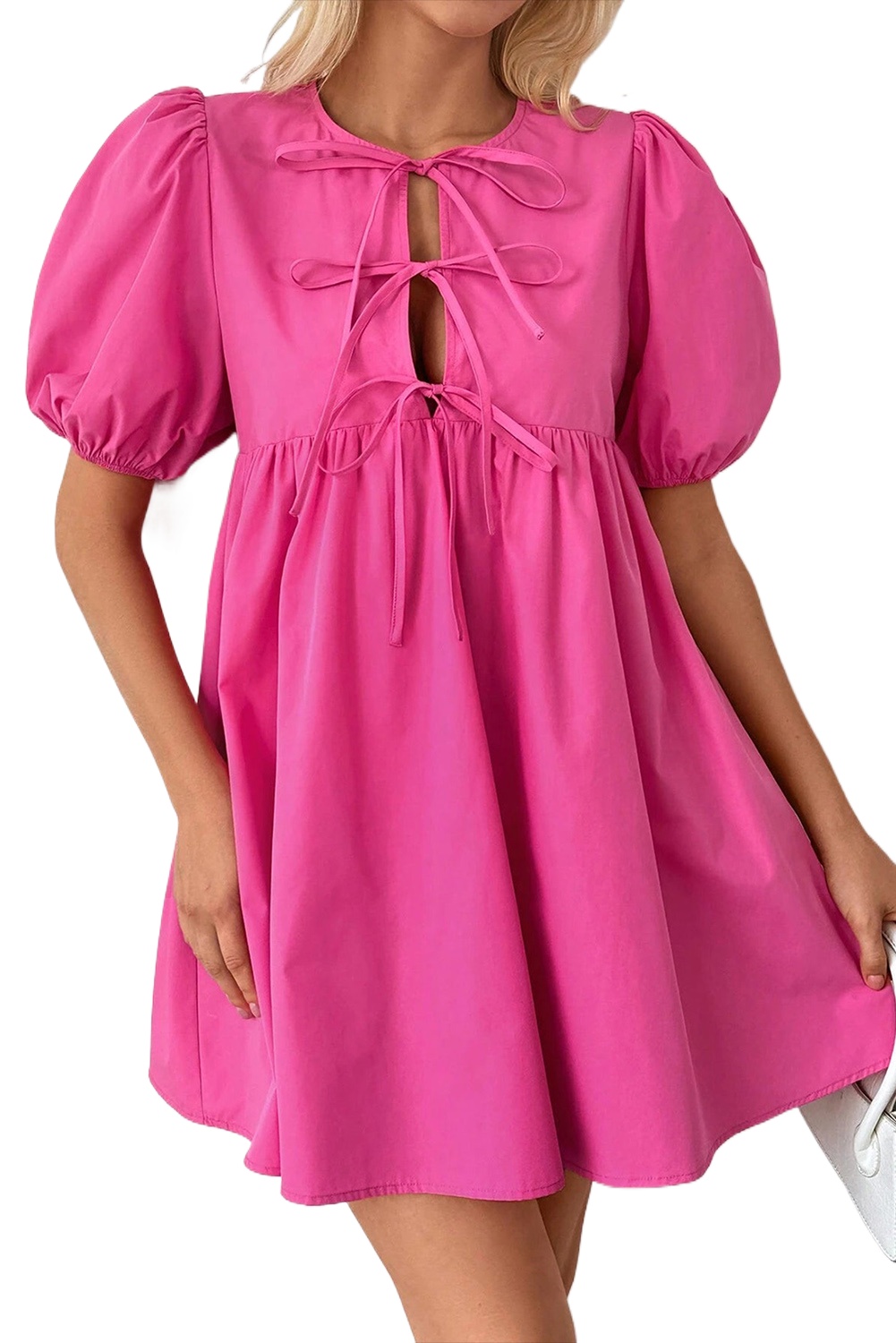 Bright Pink Puff Sleeve Tie Front High Waist Mini Dress for Women - Main View Bright Pink Puff Sleeve Tie Front High Waist Mini Dress for Women - Main View