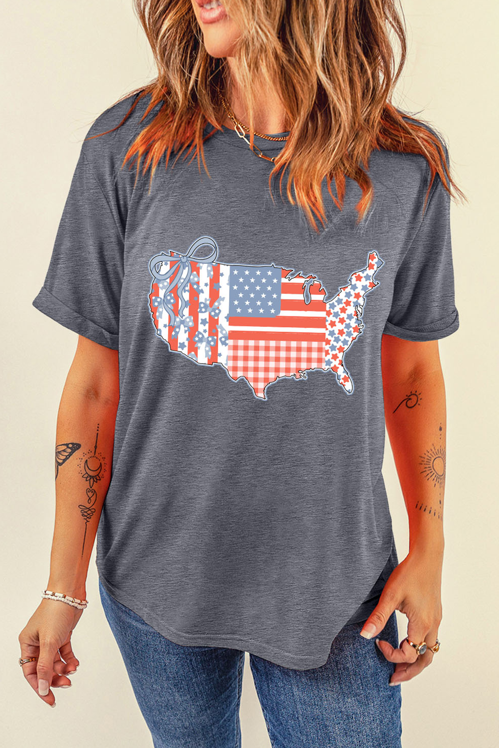 Women's Graphic Tee, Gray T-Shirt, American Flag, USA Map Print, Bow Design, Casual Style, Summer Wear, Patriotic Clothing, Daily Wear, Comfortable, Trendy, Short Sleeve, Round Neck - Detail View 4 Women's Graphic Tee, Gray T-Shirt, American Flag, USA Map Print, Bow Design, Casual Style, Summer Wear, Patriotic Clothing, Daily Wear, Comfortable, Trendy, Short Sleeve, Round Neck - Detail View 4