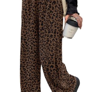 Women's Dark Brown Leopard Print High Waist Corduroy Wide Leg Pants - Main View