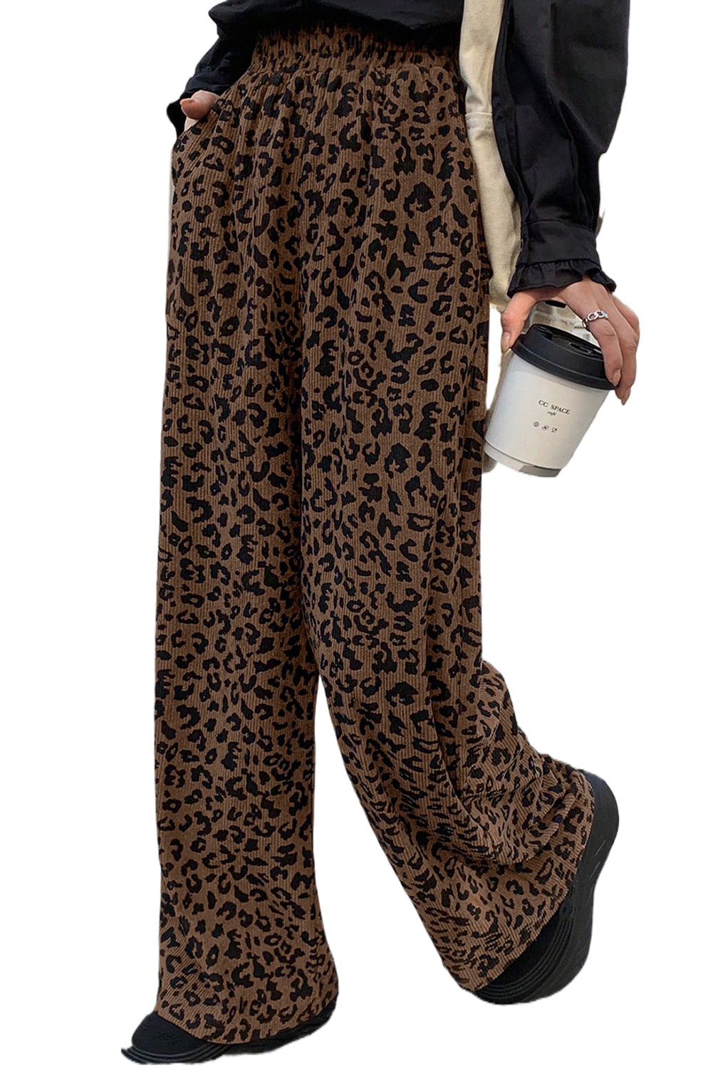 Women's Dark Brown Leopard Print High Waist Corduroy Wide Leg Pants - Main View Women's Dark Brown Leopard Print High Waist Corduroy Wide Leg Pants - Main View