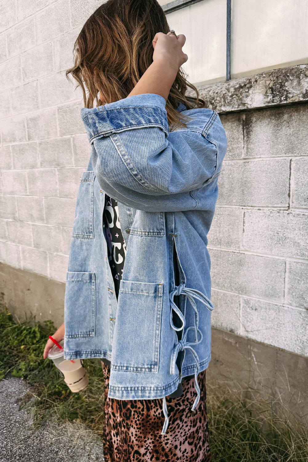 Casual Long Sleeve Denim Jacket for Women - Beau Blue with Knot Details - Detail View 2 Casual Long Sleeve Denim Jacket for Women - Beau Blue with Knot Details - Detail View 2