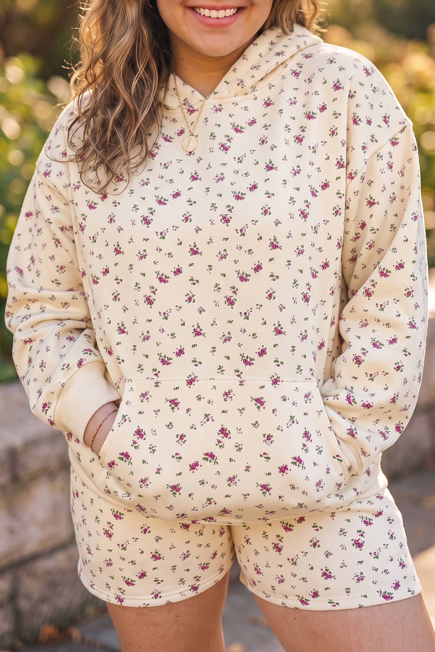 Beige Floral Lounge Set, Women's Hooded Casual Autumn Outfit - Detail View 8 Beige Floral Lounge Set, Women's Hooded Casual Autumn Outfit - Detail View 8