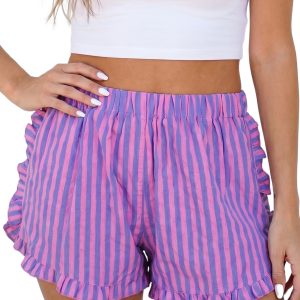 Women's Rose Stripe Casual Shorts – High Waist Elastic Waistband with Ruffle Trim and Pockets - Main View
