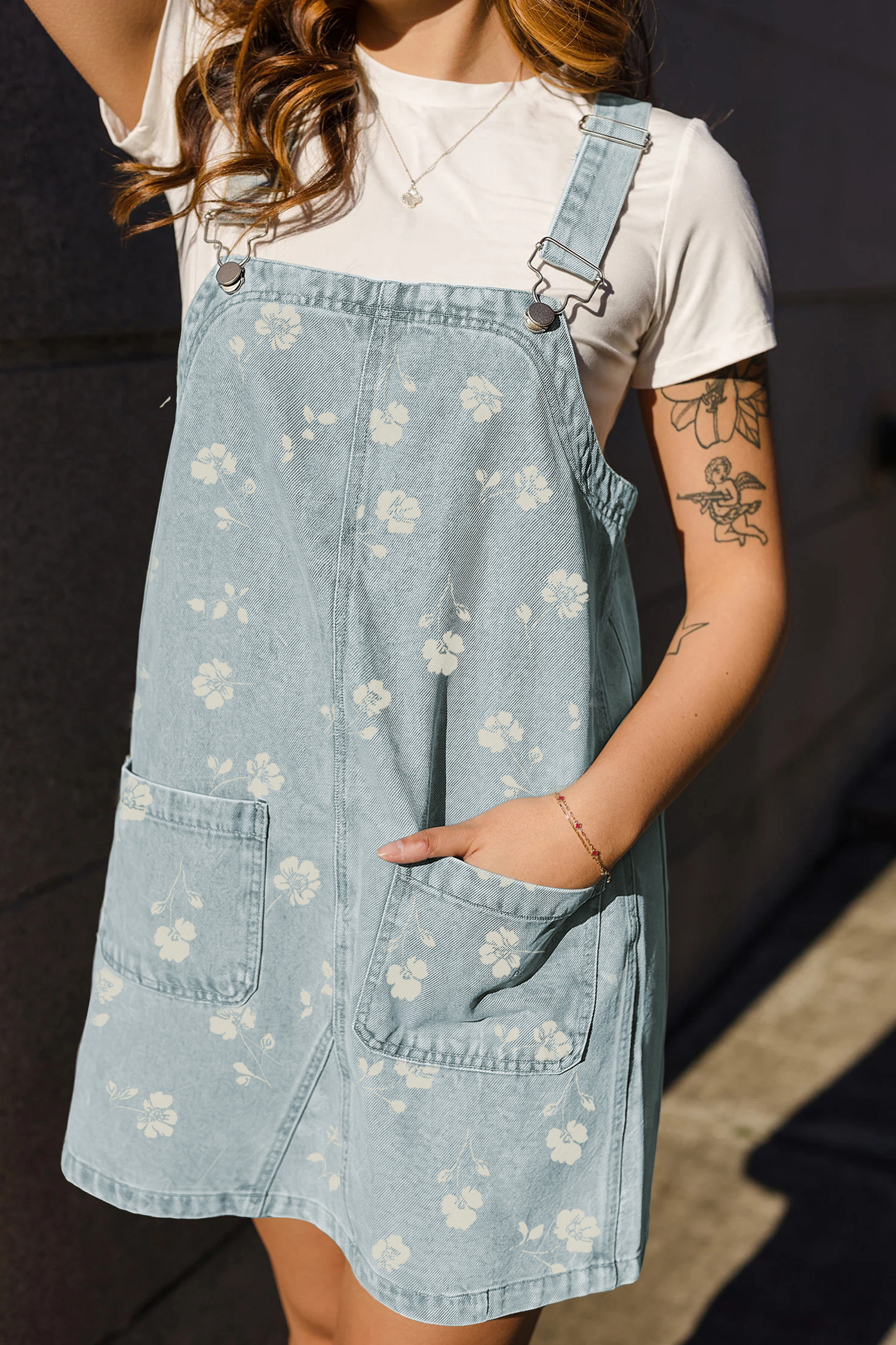 Casual Denim Overall Mini Dress, Sky Blue Floral Country Style - Detail View 3 Casual Denim Overall Mini Dress, Sky Blue Floral Country Style - Detail View 3
