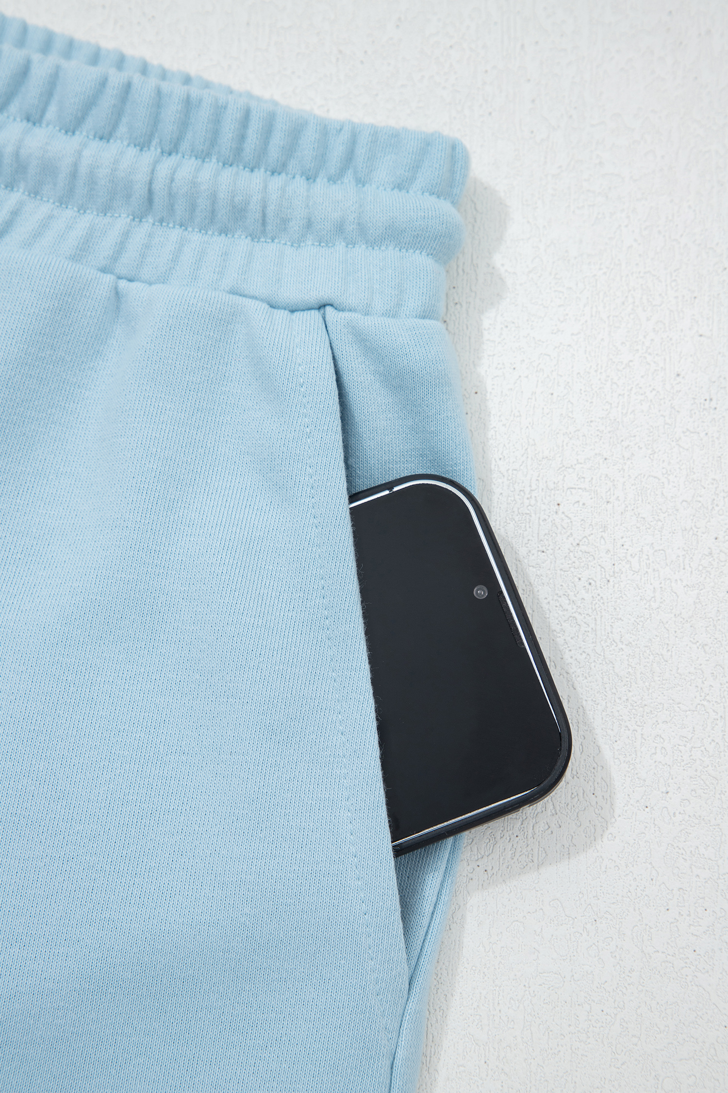 Women's Mist Blue Two-Piece Outfit – Casual Short Sleeve Tee and High Waist Drawstring Shorts Set - Detail View 7 Women's Mist Blue Two-Piece Outfit – Casual Short Sleeve Tee and High Waist Drawstring Shorts Set - Detail View 7
