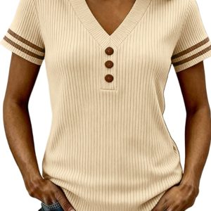 Women's V-Neck Ribbed Knit Sweater – Short Sleeve Apricot Top with Button Details for Daily Casual Wear - Main View
