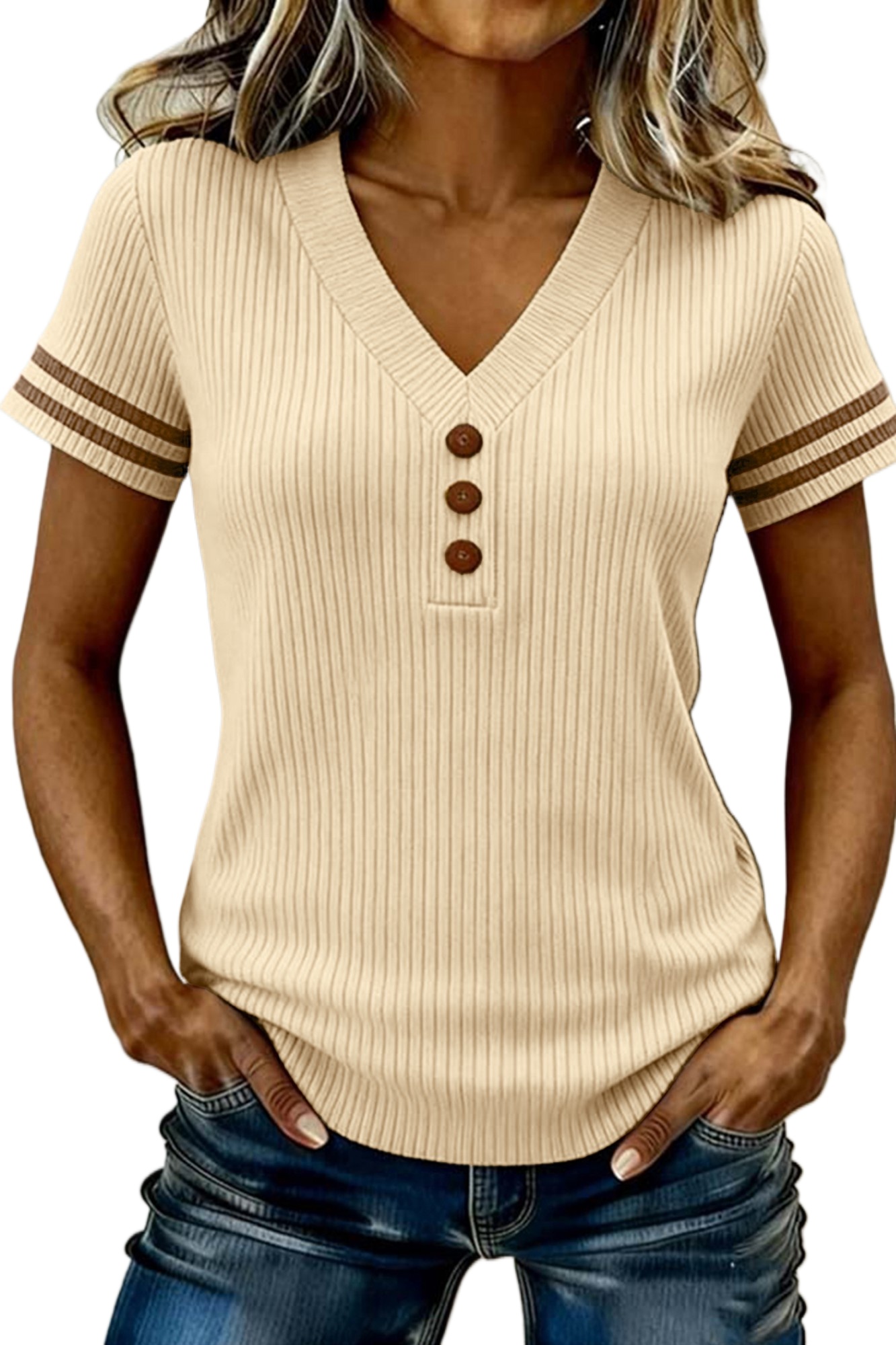 Women's V-Neck Ribbed Knit Sweater – Short Sleeve Apricot Top with Button Details for Daily Casual Wear - Main View Women's V-Neck Ribbed Knit Sweater – Short Sleeve Apricot Top with Button Details for Daily Casual Wear - Main View