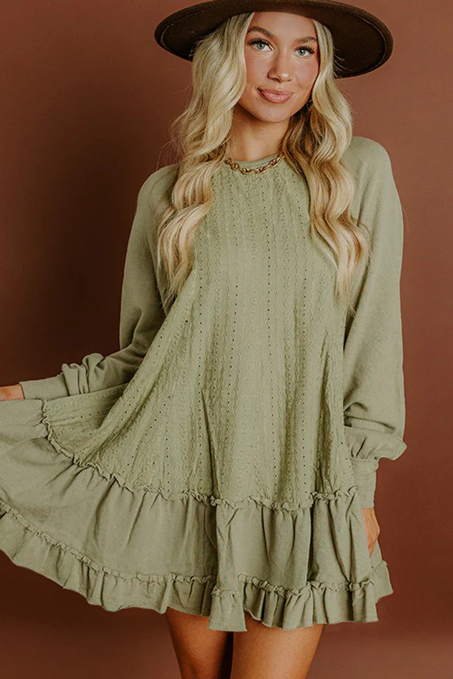 Stylish Ruffled Long Sleeve Mini Dress in Laurel Green – Ideal for Casual Spring Days - Detail View 6 Stylish Ruffled Long Sleeve Mini Dress in Laurel Green – Ideal for Casual Spring Days - Detail View 6