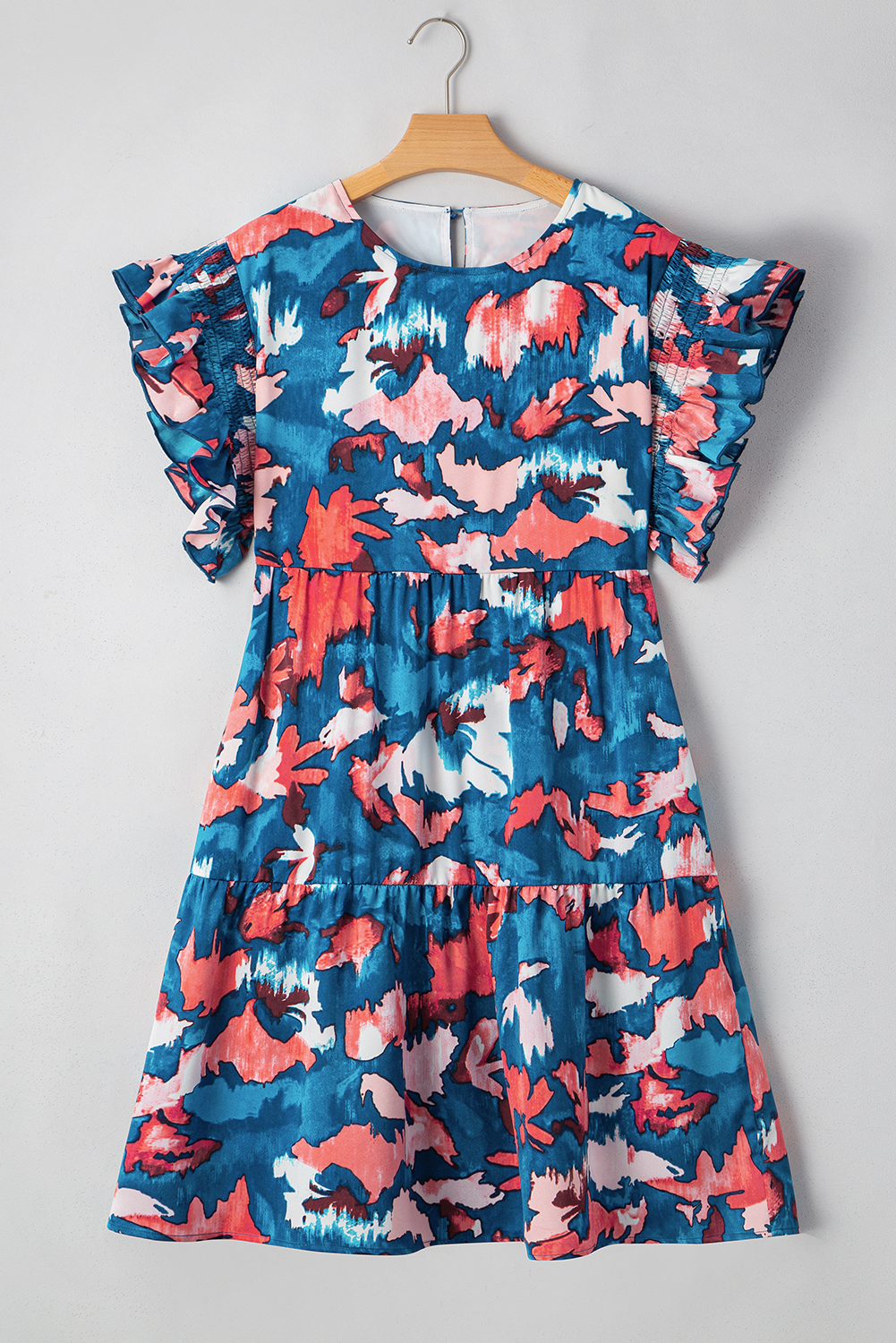 Feminine Tiered Plus Size Mini Dress with Ruffled Sleeves and Abstract Print - Detail View 6 Feminine Tiered Plus Size Mini Dress with Ruffled Sleeves and Abstract Print - Detail View 6