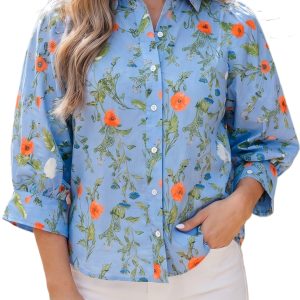 Women's Floral Button Down Shirt, Casual Sky Blue Blouse - Main View