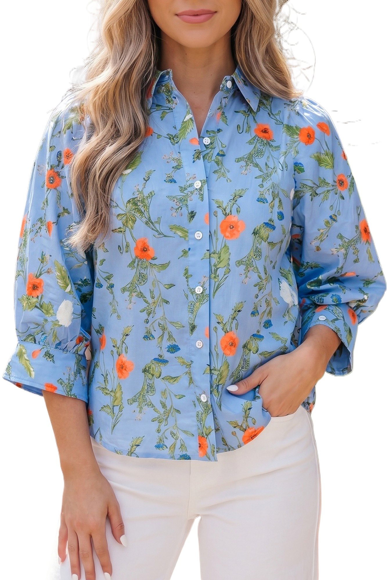 Women's Floral Button Down Shirt, Casual Sky Blue Blouse - Main View Women's Floral Button Down Shirt, Casual Sky Blue Blouse - Main View