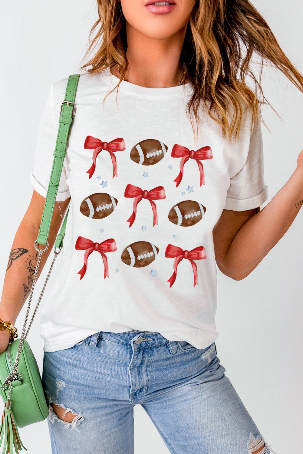Women's Graphic Tee, White T-Shirt, Bowknot Design, Rugby Print, Game Day Shirt, Casual Wear, Short Sleeve, Round Neck, Comfortable Cotton Blend, Summer Fashion, Sporty Style, Relaxed Fit, Daily Wear - Detail View 4 Women's Graphic Tee, White T-Shirt, Bowknot Design, Rugby Print, Game Day Shirt, Casual Wear, Short Sleeve, Round Neck, Comfortable Cotton Blend, Summer Fashion, Sporty Style, Relaxed Fit, Daily Wear - Detail View 4
