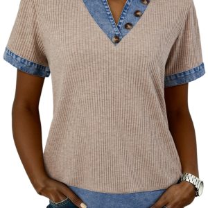Women's Beige Ribbed Knit Blouse – Denim Color Block Patchwork V-Neck Top with Button Detail for Casual Daily Wear - Main View