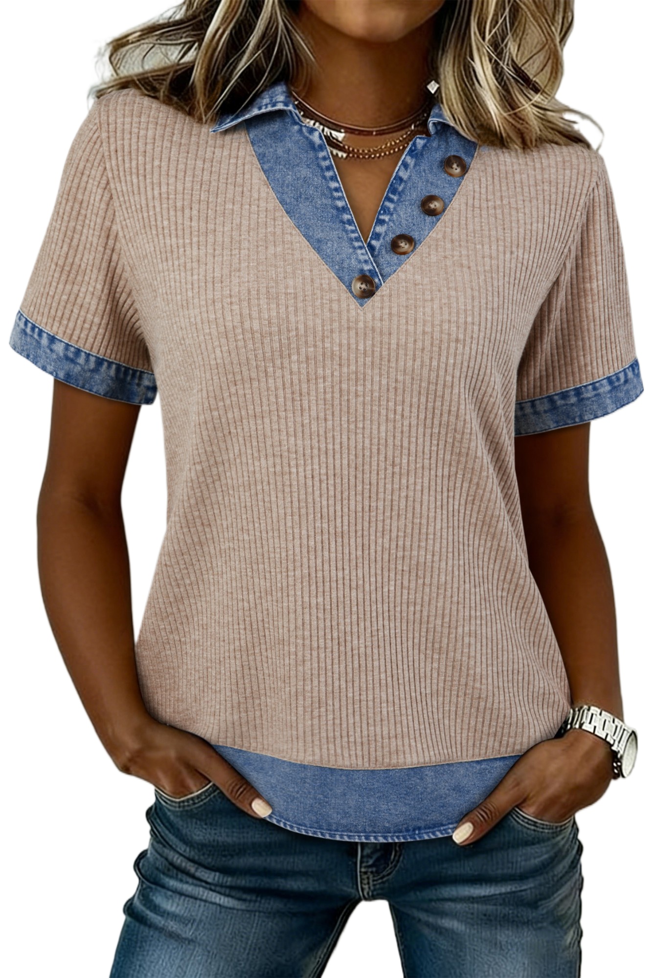 Women's Beige Ribbed Knit Blouse – Denim Color Block Patchwork V-Neck Top with Button Detail for Casual Daily Wear - Main View Women's Beige Ribbed Knit Blouse – Denim Color Block Patchwork V-Neck Top with Button Detail for Casual Daily Wear - Main View