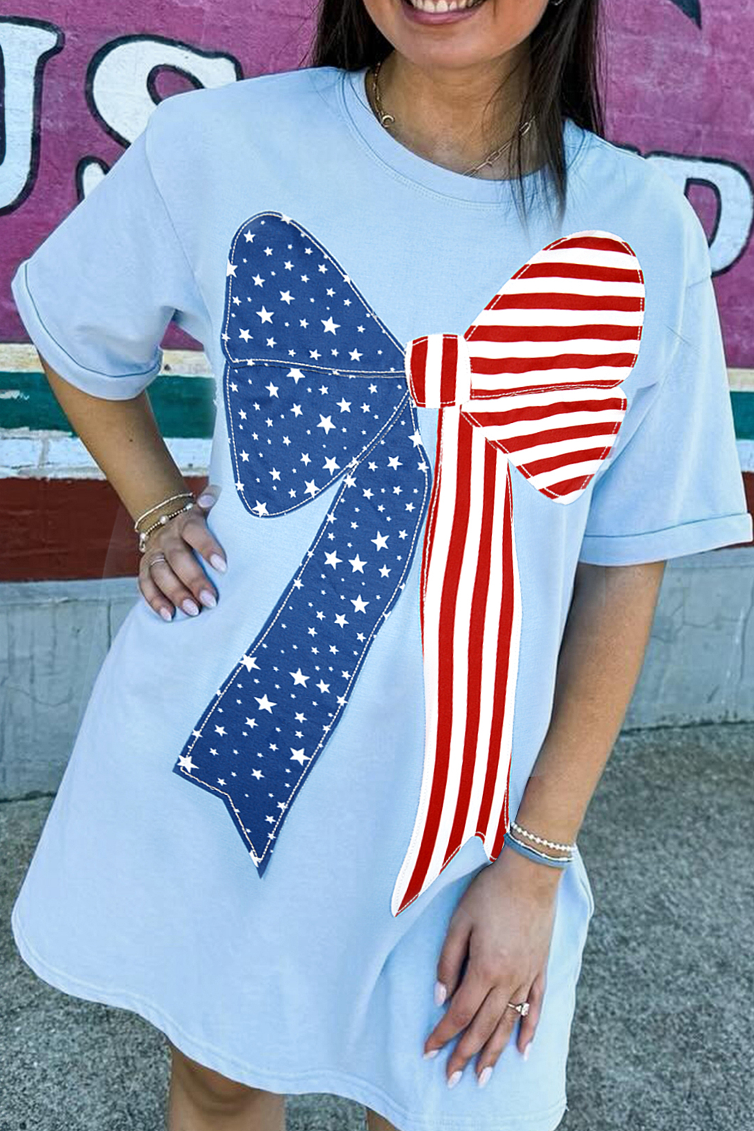 Women's Casual Summer T-Shirt Dress – Beau Blue Patriotic Bow Print Mini Dress, Soft Cotton Blend - Detail View 3 Women's Casual Summer T-Shirt Dress – Beau Blue Patriotic Bow Print Mini Dress, Soft Cotton Blend - Detail View 3