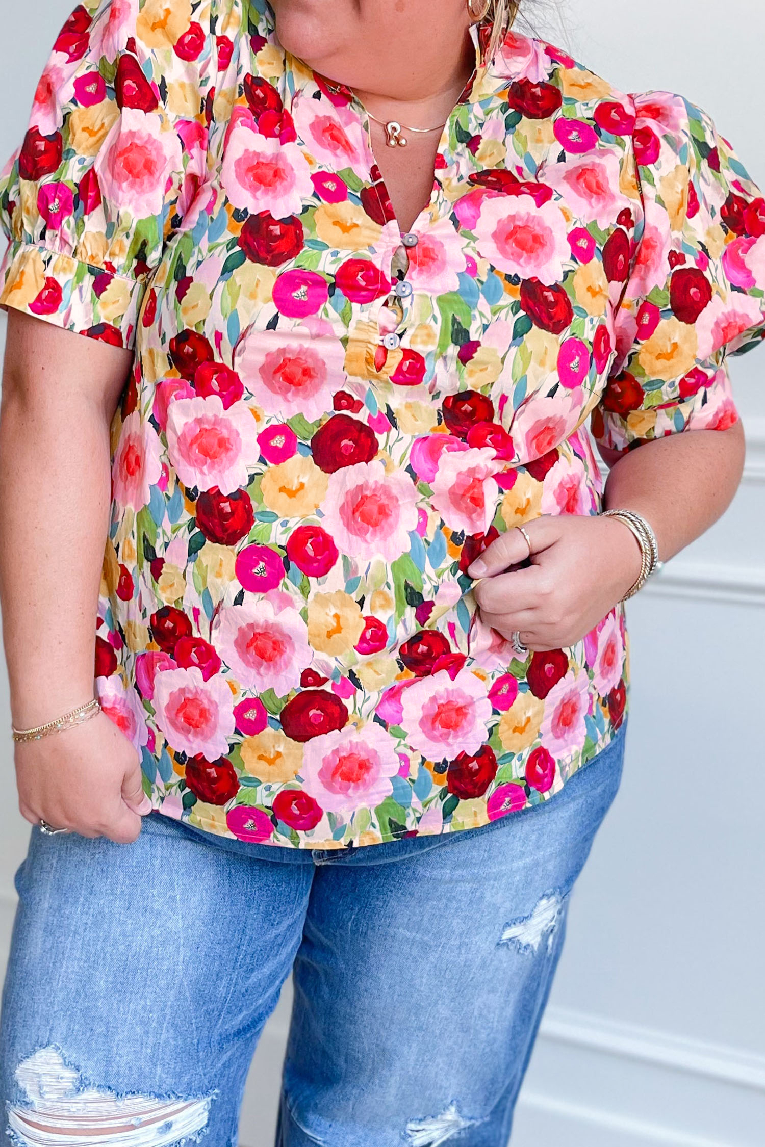 Southern Belle Pink Flower Print Shirt for Women – Cotton Viscose V Neck Puff Sleeve Shift Top - Detail View 2 Southern Belle Pink Flower Print Shirt for Women – Cotton Viscose V Neck Puff Sleeve Shift Top - Detail View 2