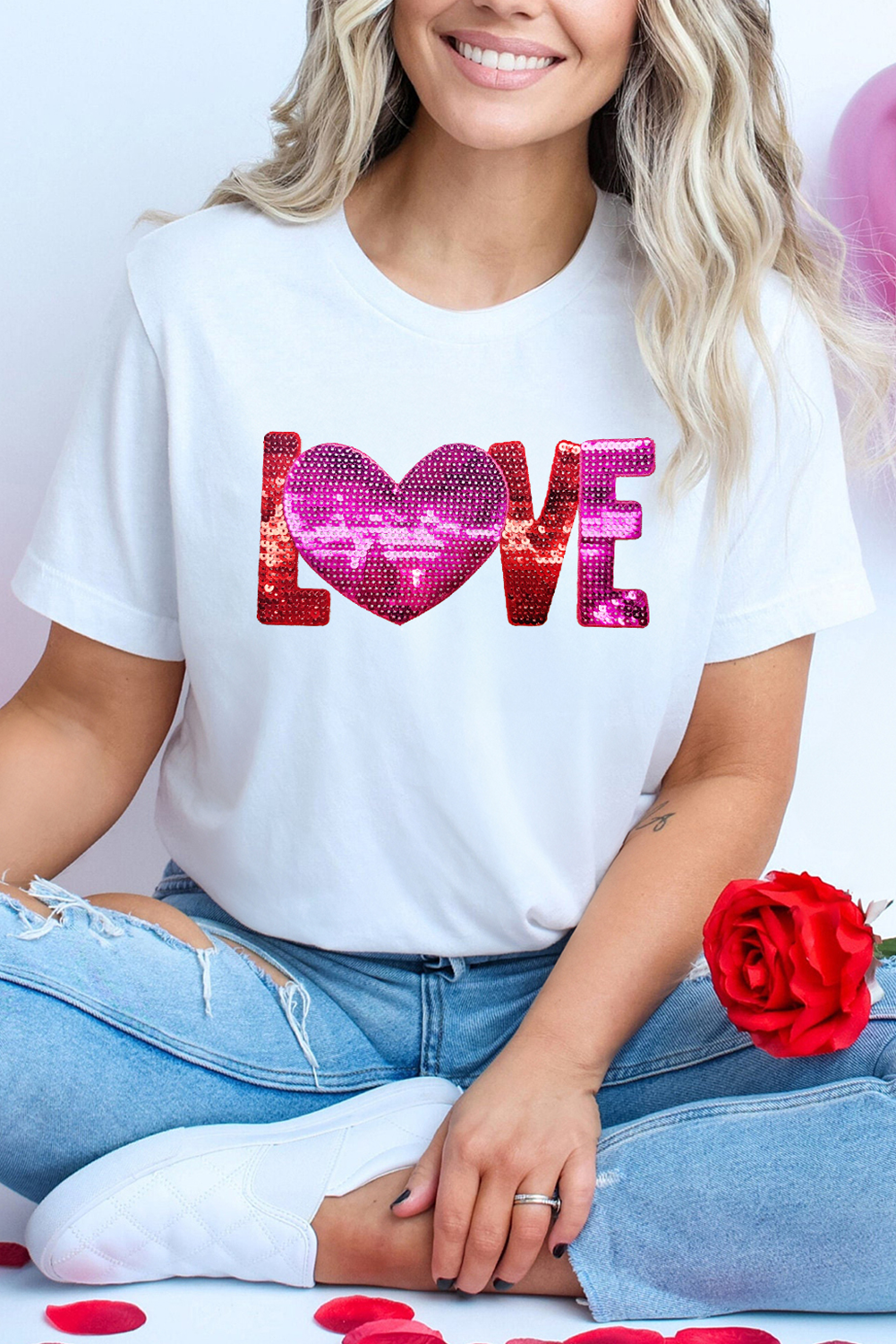 Charming White Crewneck T-Shirt with Heart Pattern and LOVE Patch - Detail View 2 Charming White Crewneck T-Shirt with Heart Pattern and LOVE Patch - Detail View 2