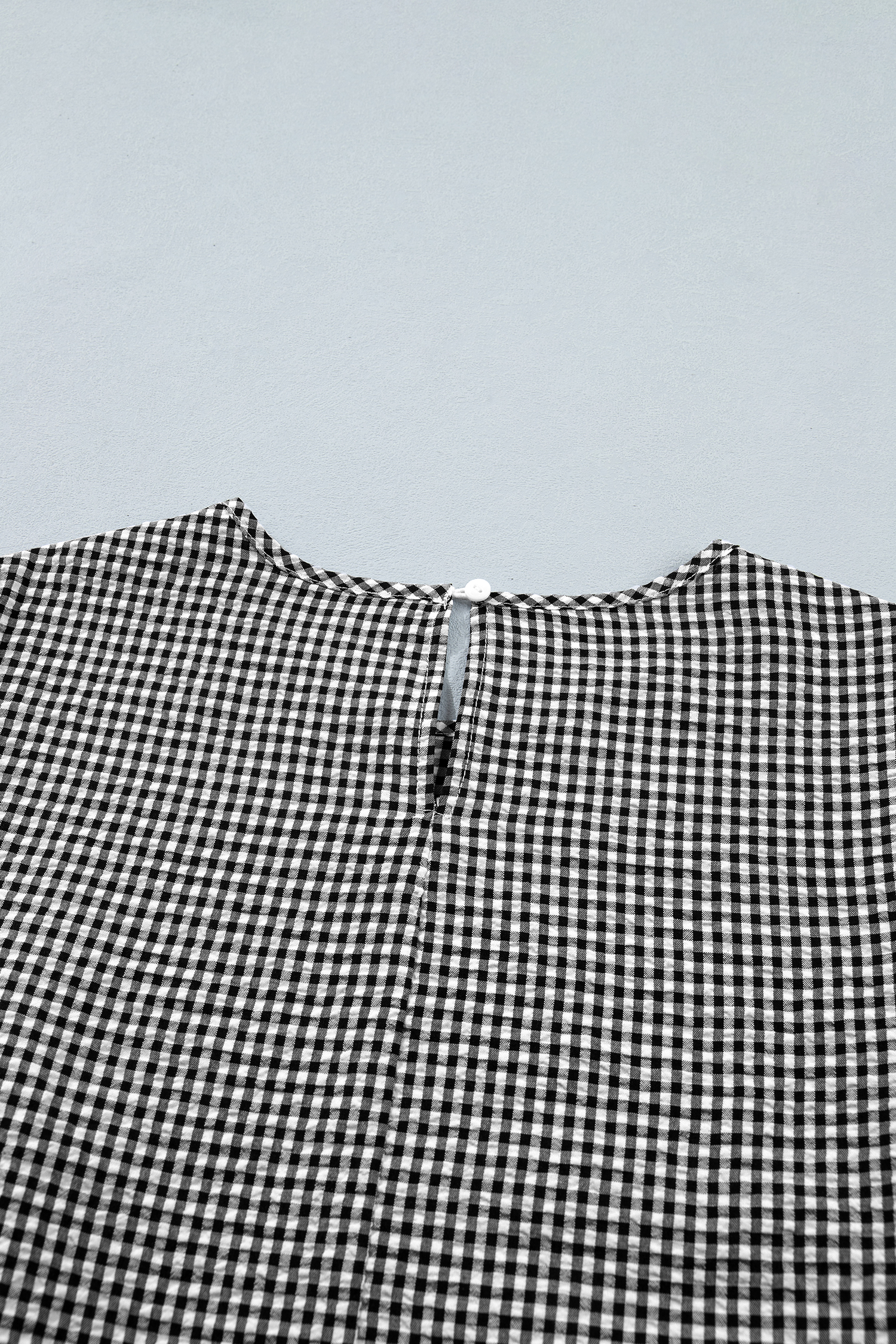 Women's Plaid Round Neck Blouse – Ruffled Half Sleeve Casual Top, Black Checkered Pattern - Detail View 22 Women's Plaid Round Neck Blouse – Ruffled Half Sleeve Casual Top, Black Checkered Pattern - Detail View 22