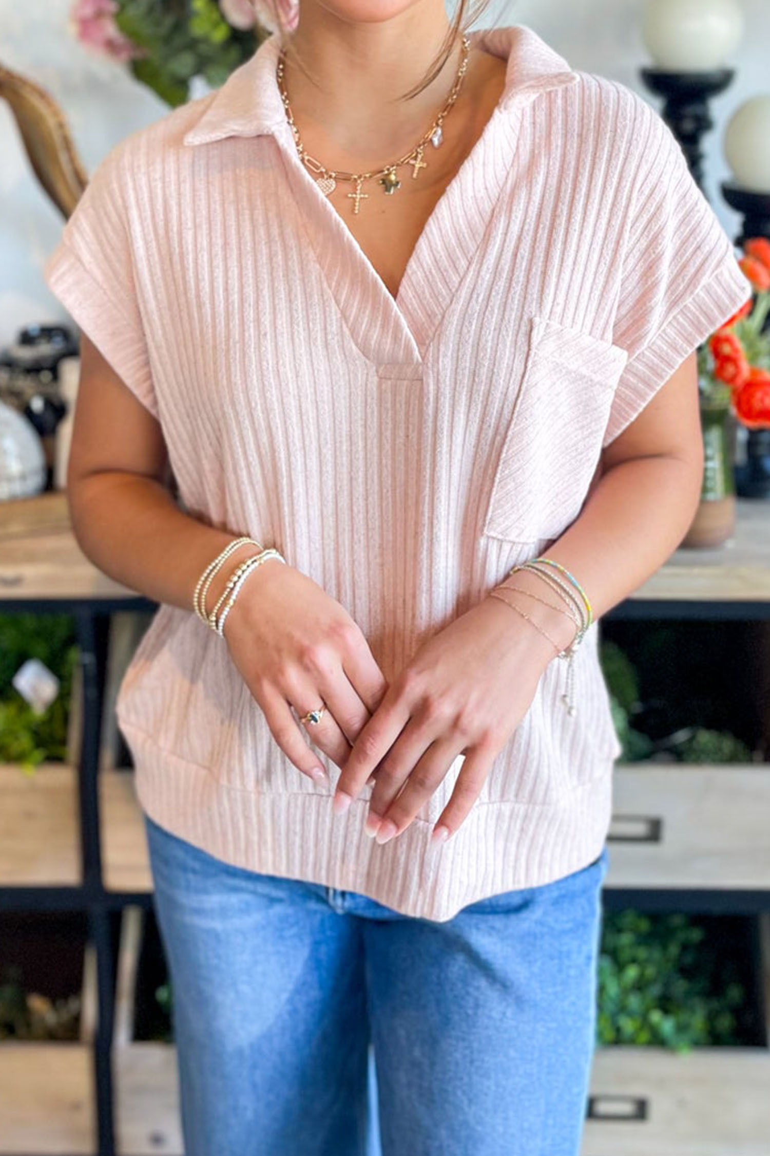 Casual Light Pink Ribbed V Neck T-Shirt for Women – Perfect for Everyday Outfits - Detail View 6 Casual Light Pink Ribbed V Neck T-Shirt for Women – Perfect for Everyday Outfits - Detail View 6