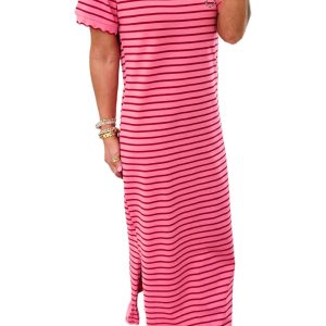 Women's Rose Stripe Short Sleeve T-Shirt Dress – Casual Side Slit Maxi Dress for Daily Wear - Main View