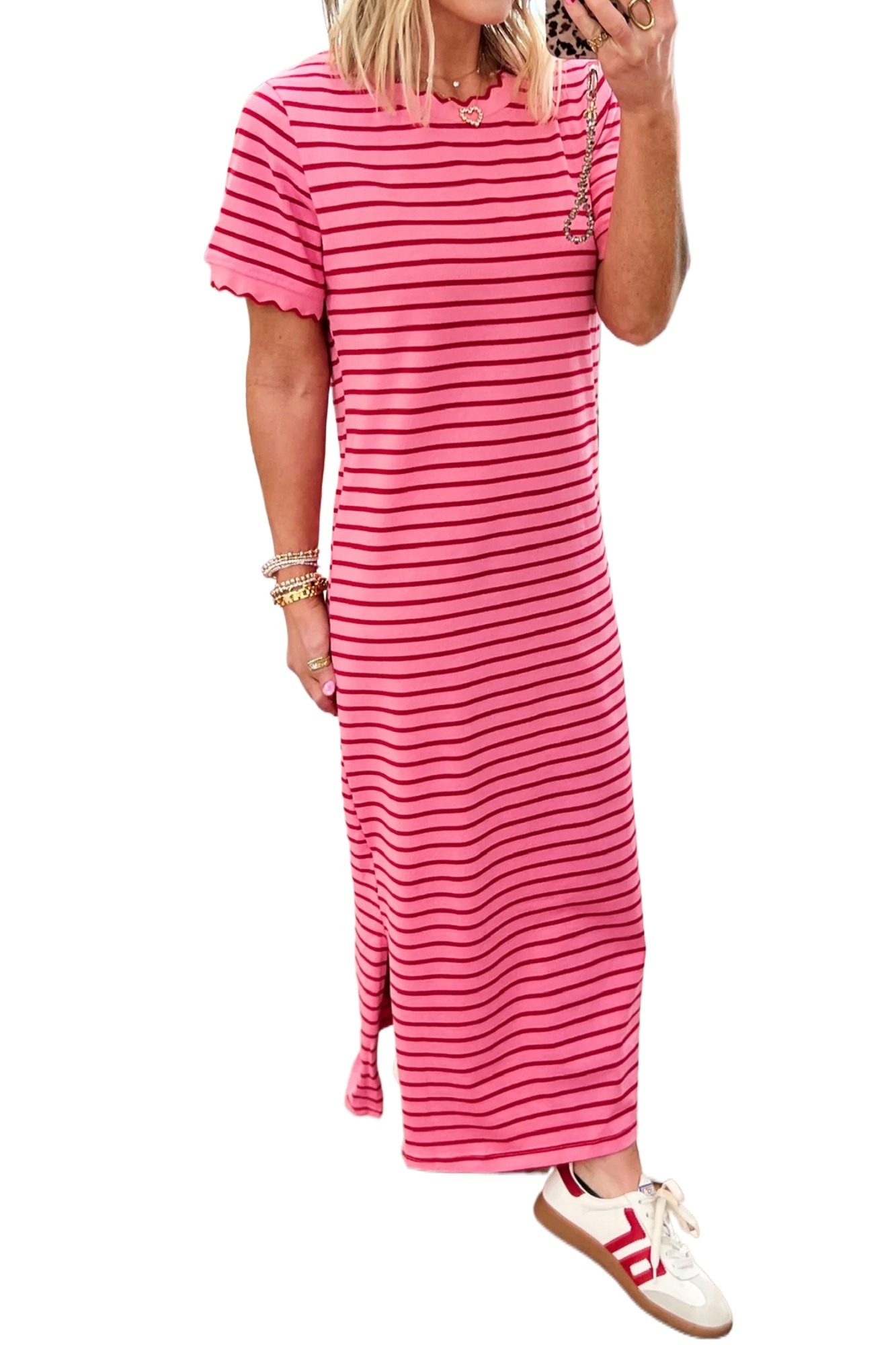 Women's Rose Stripe Short Sleeve T-Shirt Dress – Casual Side Slit Maxi Dress for Daily Wear - Main View Women's Rose Stripe Short Sleeve T-Shirt Dress – Casual Side Slit Maxi Dress for Daily Wear - Main View