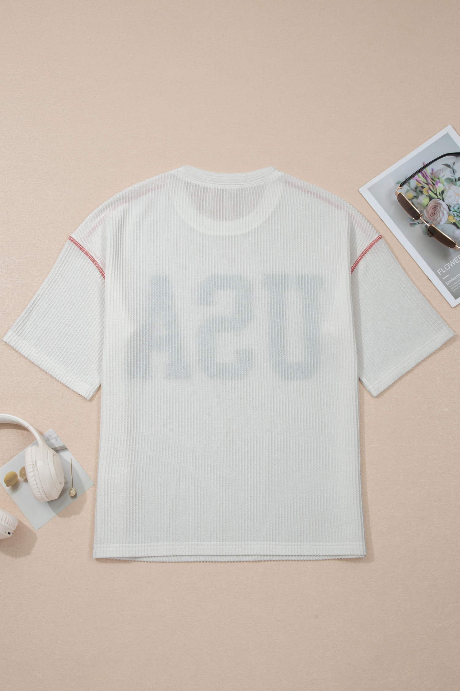 Casual White USA Letter Print Tee for Women – Loose Fit Round Neck Half Sleeve Summer Top - Detail View 5 Casual White USA Letter Print Tee for Women – Loose Fit Round Neck Half Sleeve Summer Top - Detail View 5
