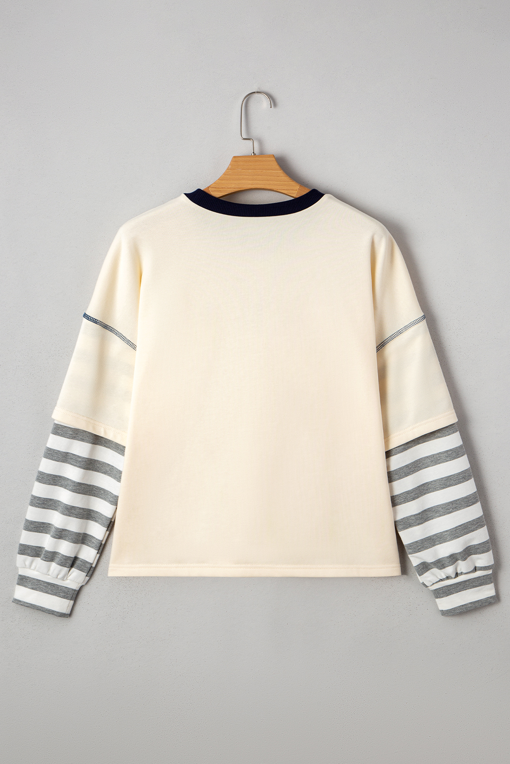 Stylish Beige Striped Patchwork Long Sleeve Round Neck Two-in-One Top for Women - Detail View 9 Stylish Beige Striped Patchwork Long Sleeve Round Neck Two-in-One Top for Women - Detail View 9