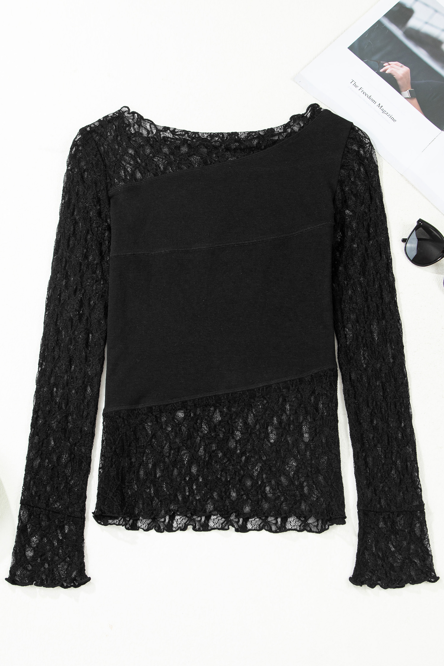 Chic Black Sheer Floral Lace Patchwork Top for Women – Long Sleeve Asymmetric Style for Spring - Detail View 5 Chic Black Sheer Floral Lace Patchwork Top for Women – Long Sleeve Asymmetric Style for Spring - Detail View 5