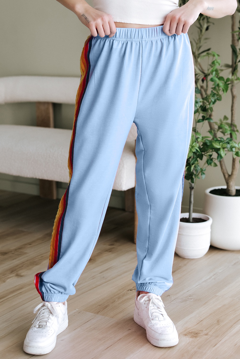 Casual Light Blue Active Sweatpants featuring Playful Rainbow Side Stripes - Detail View 2 Casual Light Blue Active Sweatpants featuring Playful Rainbow Side Stripes - Detail View 2