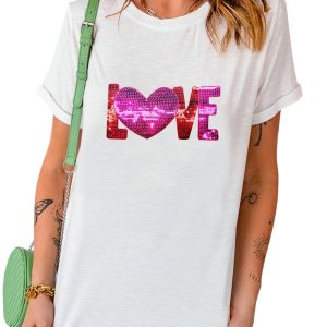 Women's White Heart LOVE Patched Graphic Tee - Perfect for Valentine's Day - Main View