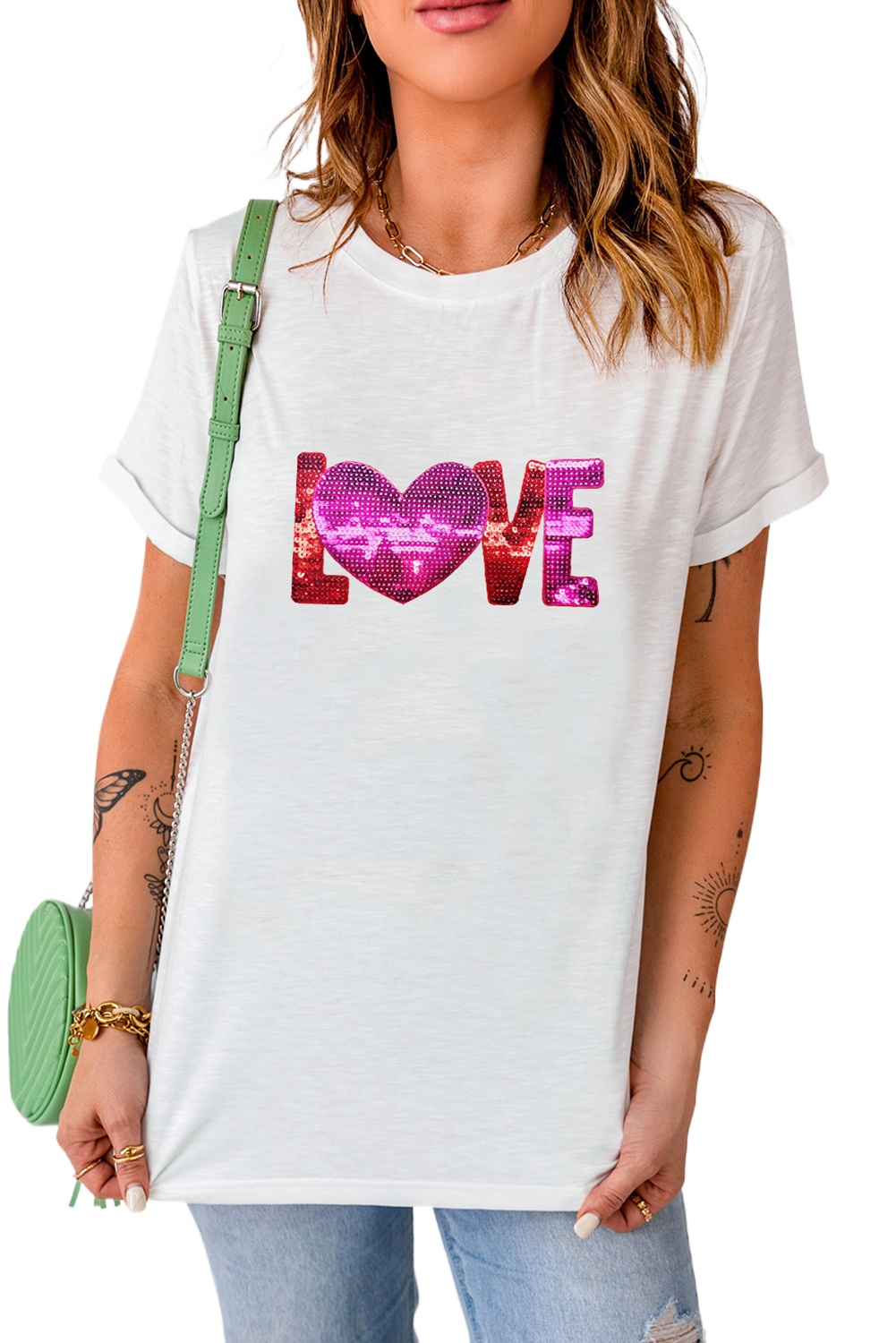 Women's White Heart LOVE Patched Graphic Tee - Perfect for Valentine's Day - Main View Women's White Heart LOVE Patched Graphic Tee - Perfect for Valentine's Day - Main View