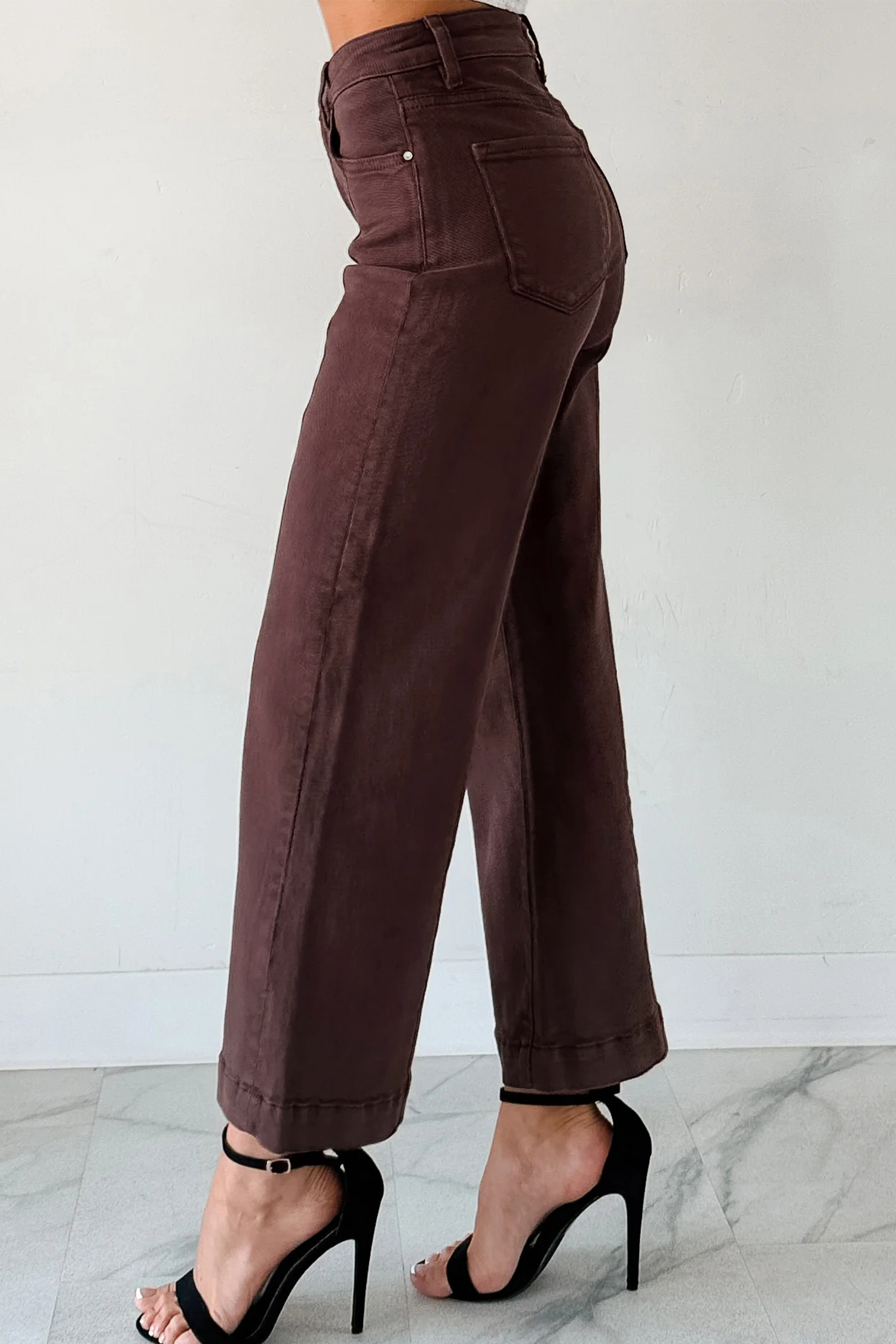 Women's Solid Red Sandalwood Wide Leg Jeans – Fall Ready Cropped Denim for Everyday - Detail View 3 Women's Solid Red Sandalwood Wide Leg Jeans – Fall Ready Cropped Denim for Everyday - Detail View 3