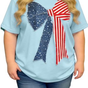 Women's Patriotic Bow Graphic T-Shirt – Beau Blue Short Sleeve Casual Summer Top - Main View