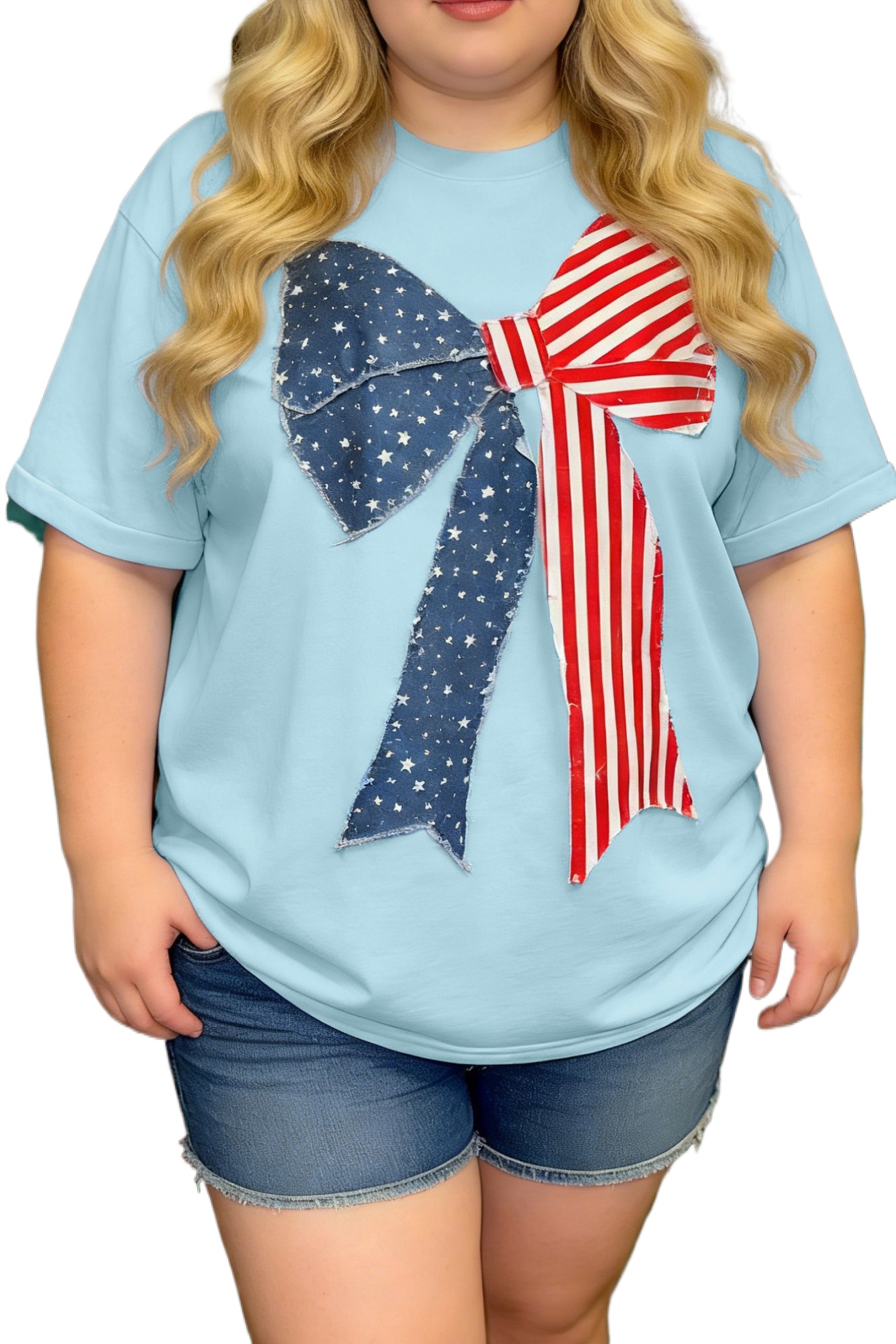 Women's Patriotic Bow Graphic T-Shirt – Beau Blue Short Sleeve Casual Summer Top - Main View Women's Patriotic Bow Graphic T-Shirt – Beau Blue Short Sleeve Casual Summer Top - Main View