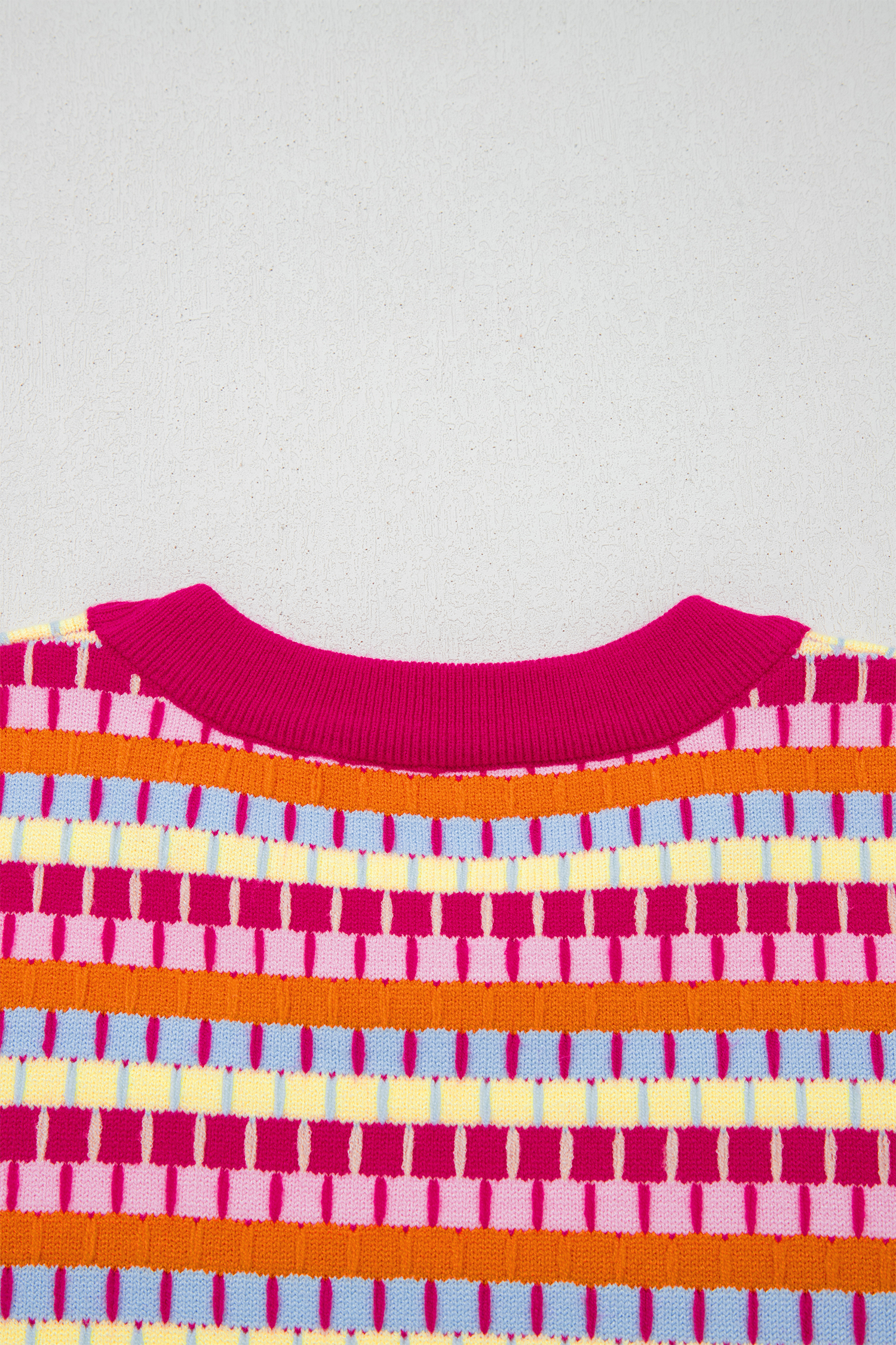 Women's Rose Red Abstract Striped Knit Sweater – Short Sleeve Round Neck Summer Top - Detail View 7 Women's Rose Red Abstract Striped Knit Sweater – Short Sleeve Round Neck Summer Top - Detail View 7