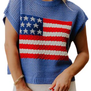 Sky Blue Flag Graphic Short Sleeve Sweater – Casual Summer Top for Women, Perfect for Daily Wear - Main View