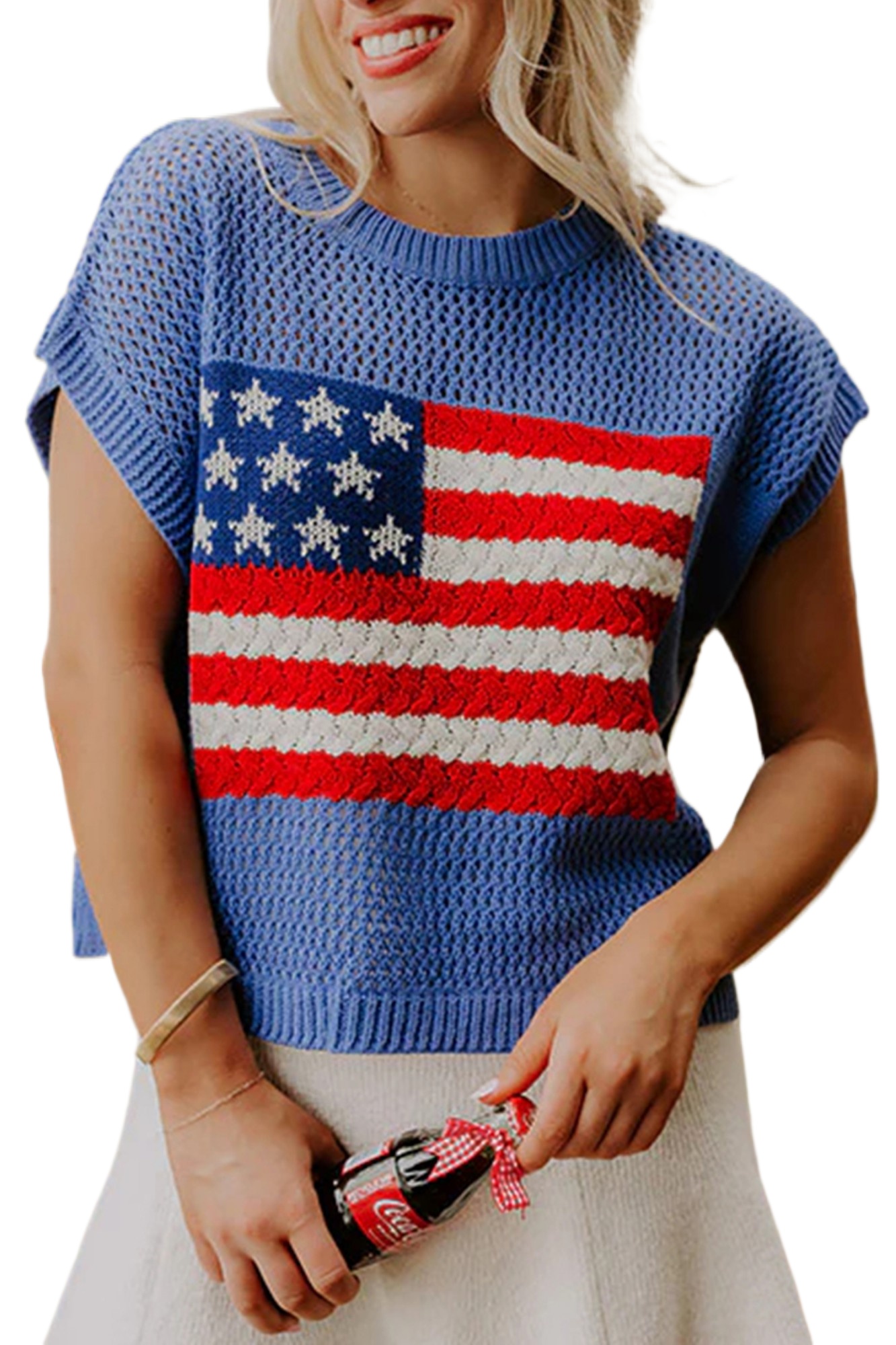 Sky Blue Flag Graphic Short Sleeve Sweater – Casual Summer Top for Women, Perfect for Daily Wear - Main View Sky Blue Flag Graphic Short Sleeve Sweater – Casual Summer Top for Women, Perfect for Daily Wear - Main View